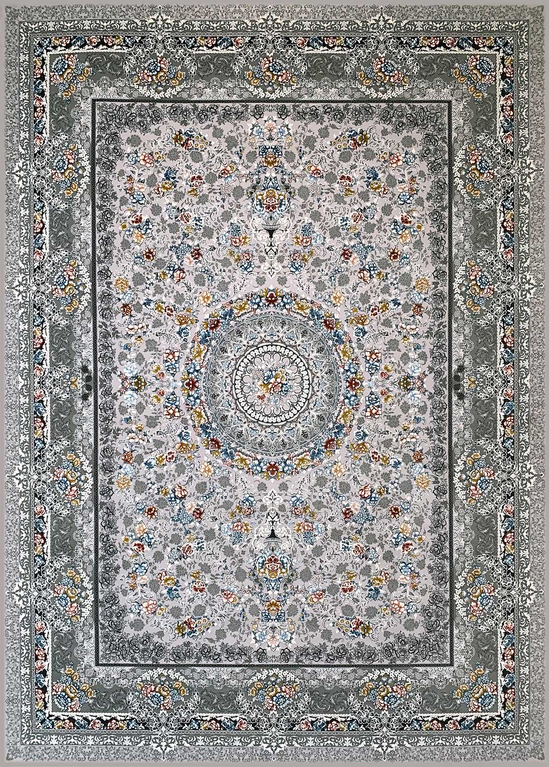 فرش ماشینی 700شانه- گل برجسته-تراکم 3000-طرح گیتی زمینه سیلور