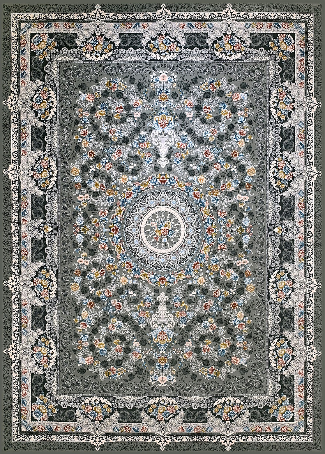 فرش ماشینی 700شانه- گل برجسته-تراکم 3000-طرح گیتی زمینه گری